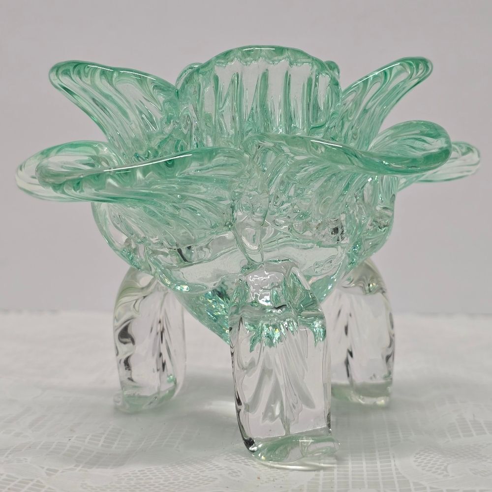 Vintage Teal Recycled Glass Footed Lotus Flower Candle Holder Art Deco Boho - Picture 8 of 11